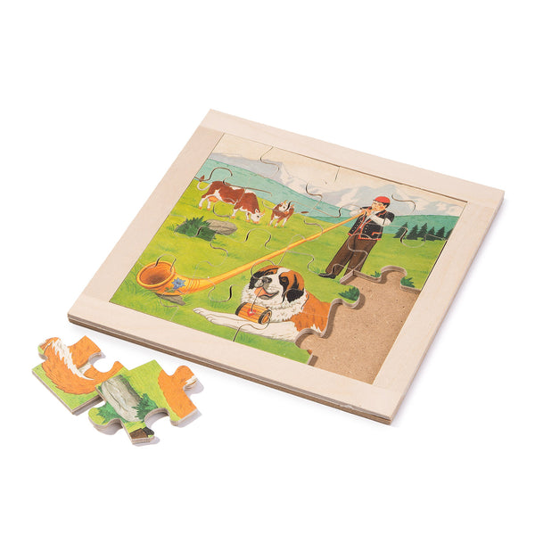 Holzpuzzle Alphornbläser mit Bernhardiner